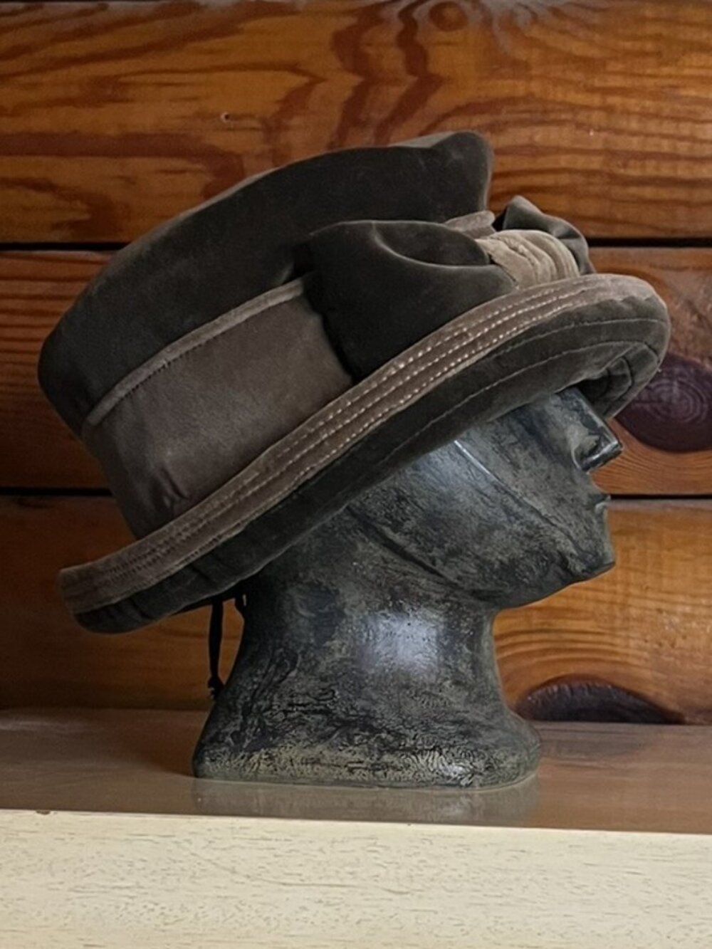 Vintage Green and Tan Pork Pie Style Velvet Hat with Bow, Lined